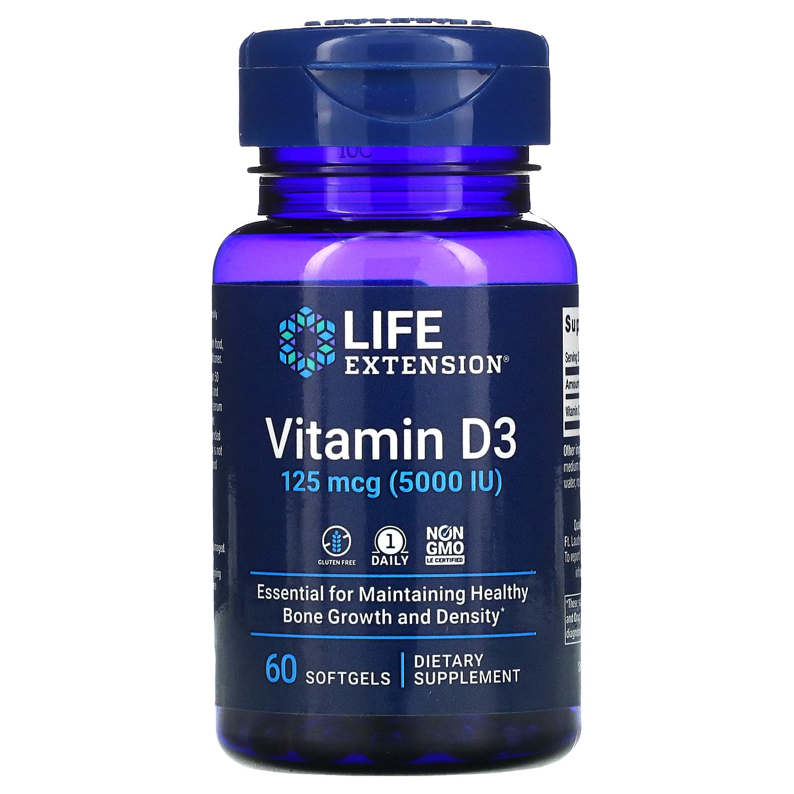 Life Extension, Vitamin D3, 125 mcg (5,000 IU, 60 Capsules UPC 737870171362 | HiLife Vitamins